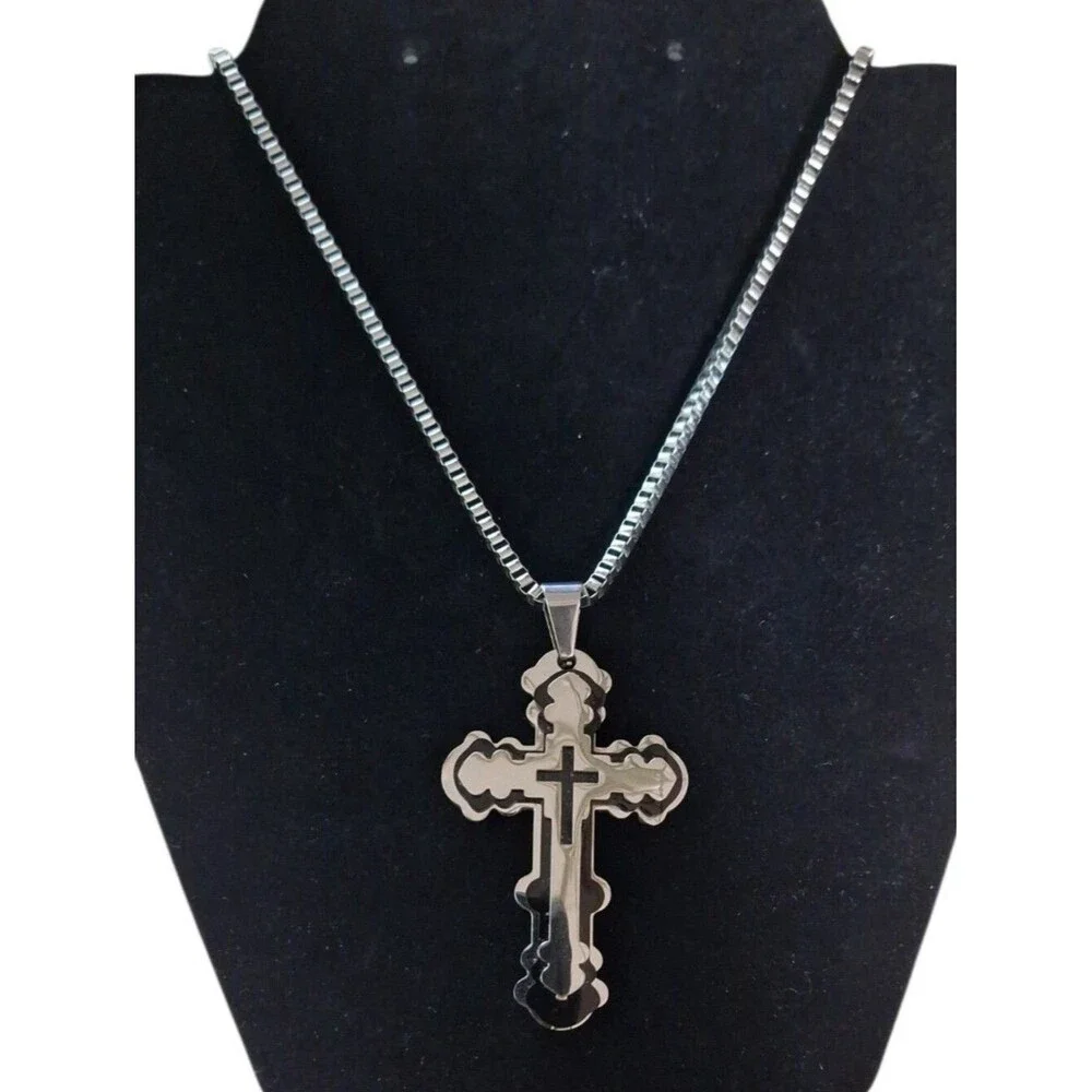 Mens Stainless Steel Two-Tone & Black Cross Pendant Necklace